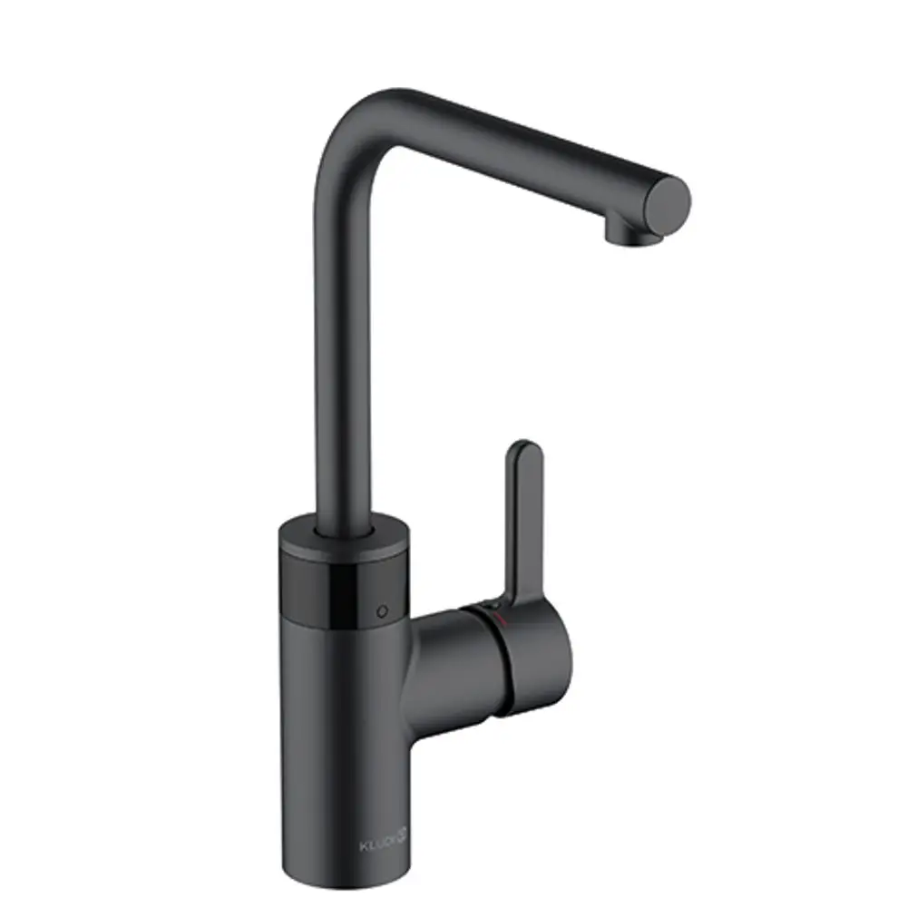 Schwarzer Küchenarmatur von Kludi mit hohem Auslauf und seitlichem Hebel zur Wasserregulation, geeignet für die Installation an einem Spülbecken.